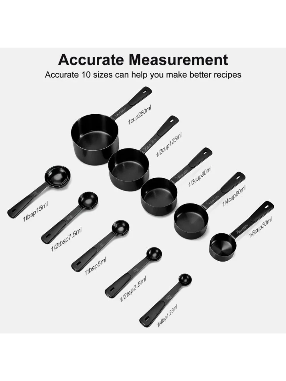 10-Piece Matte Black Measuring Cups & Spoons Set - Titanium-Plated Stainless
